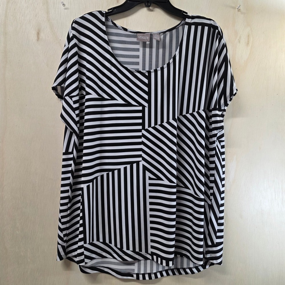 Chico's Geometric Stripe Scoop Neck Short Sleeve Top Black White 3 XL